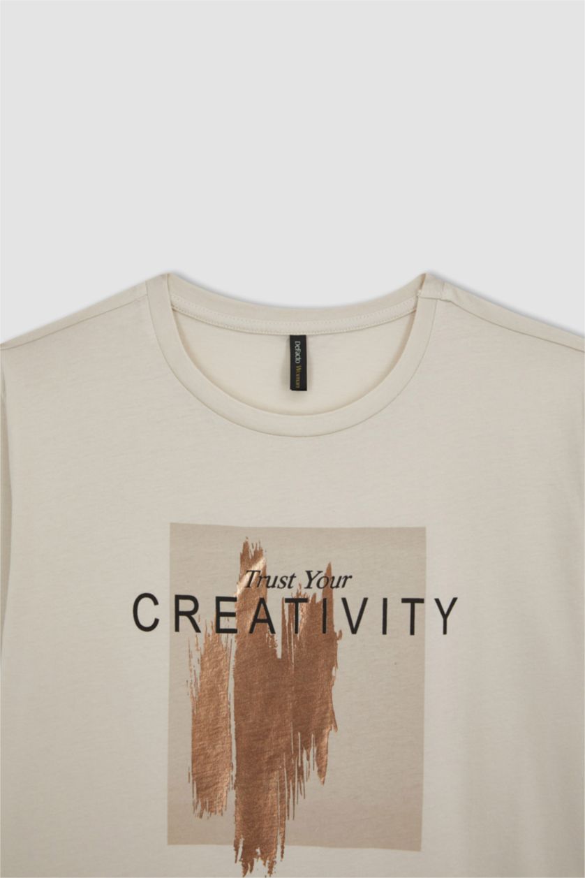 FEMME Beige T-Shirt Coton Coupe Régulière Imprimé à Col Rond à Manches Courtes