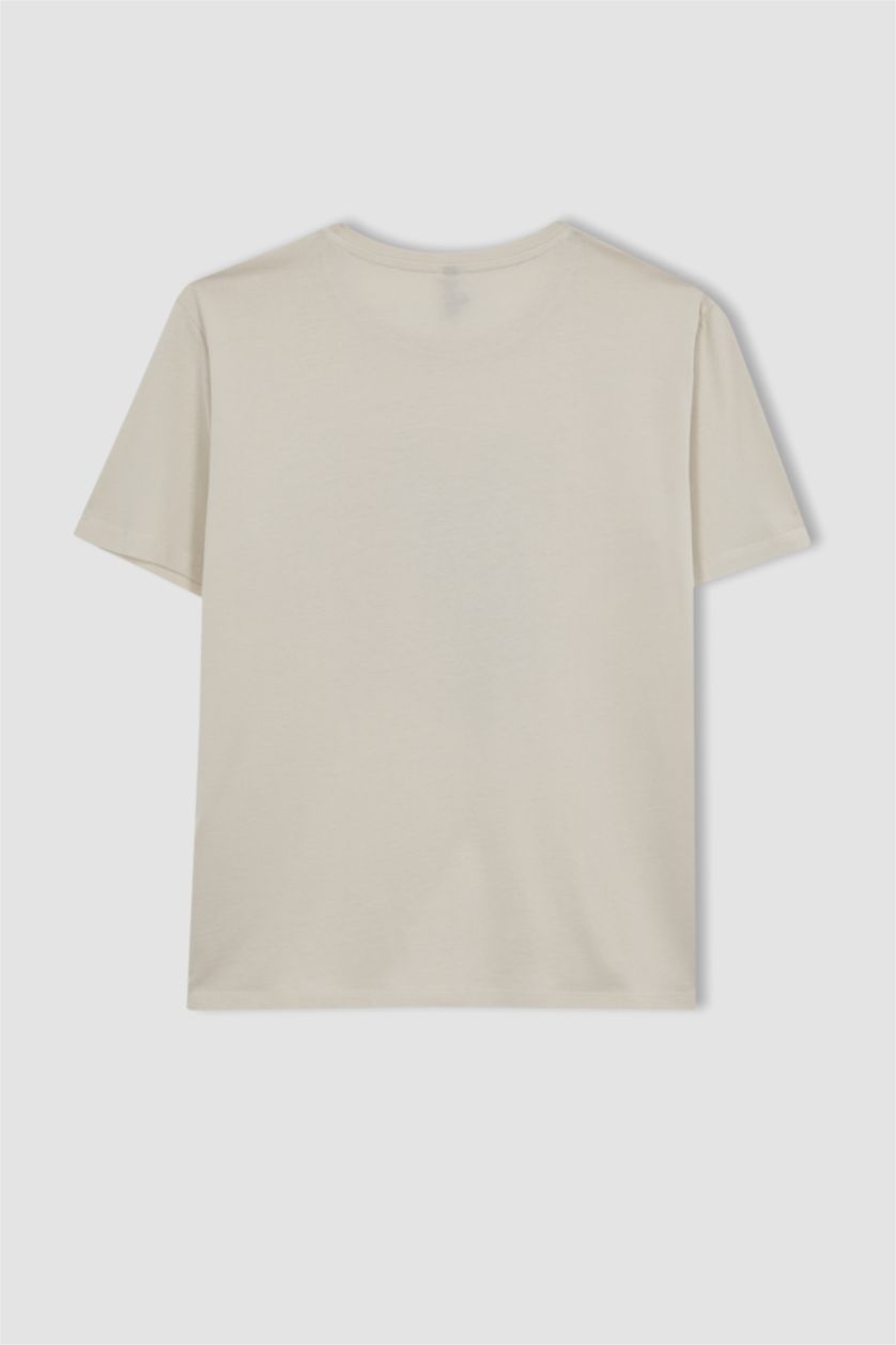FEMME Beige T-Shirt Coton Coupe Régulière Imprimé à Col Rond à Manches Courtes