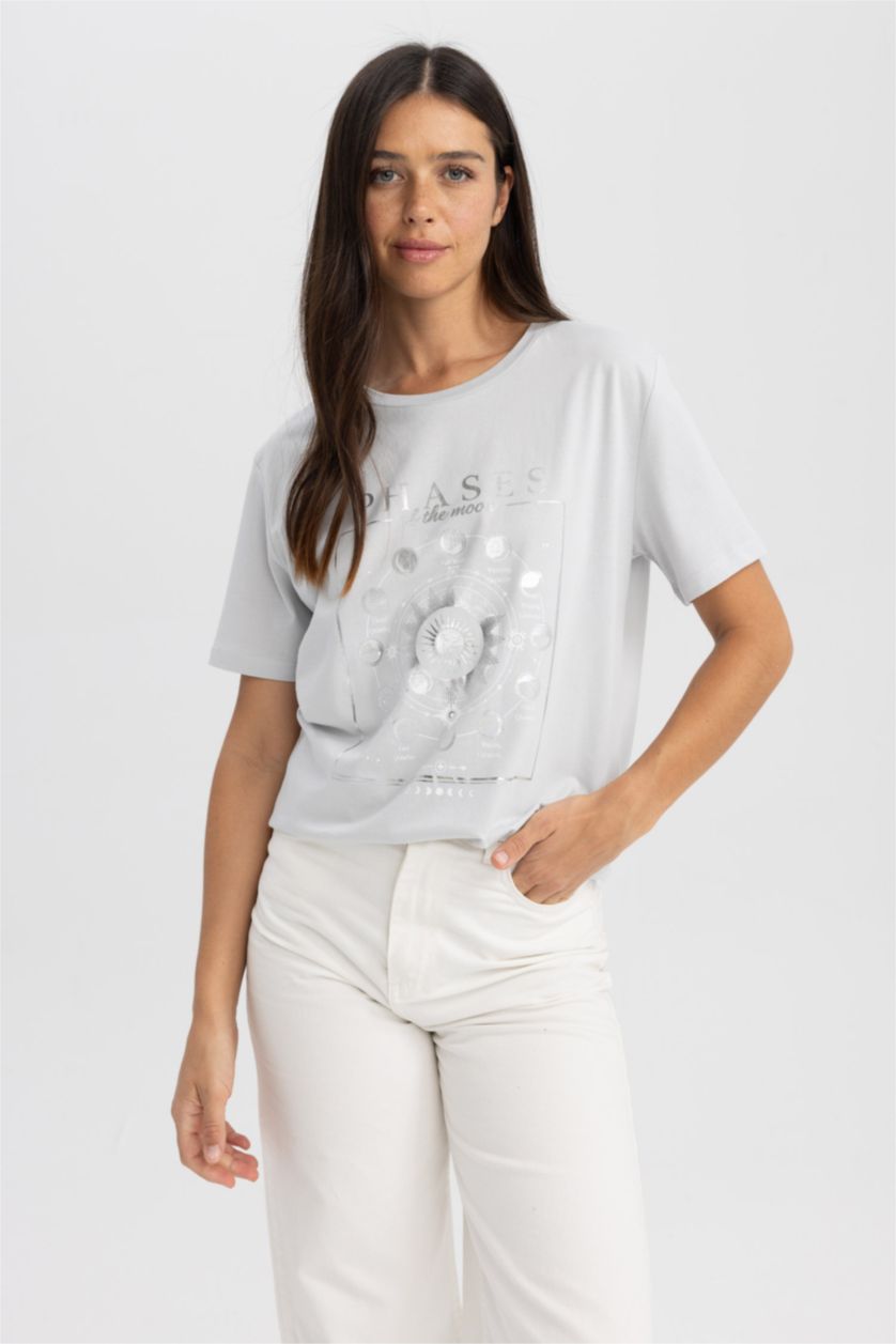 نساء رمادي تي شيرت مطبوع بياقة مستديرة قصة عادية