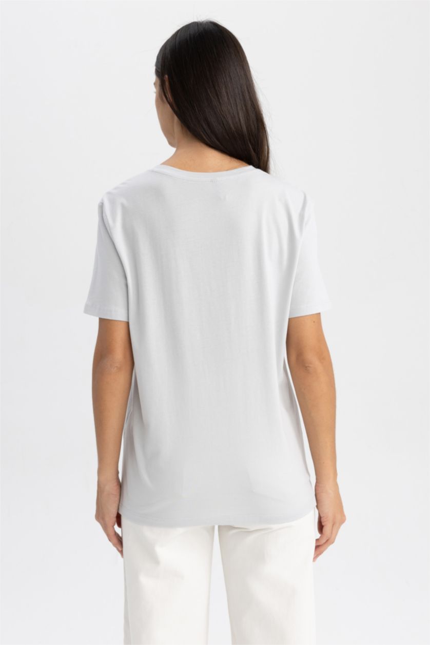 نساء رمادي تي شيرت مطبوع بياقة مستديرة قصة عادية