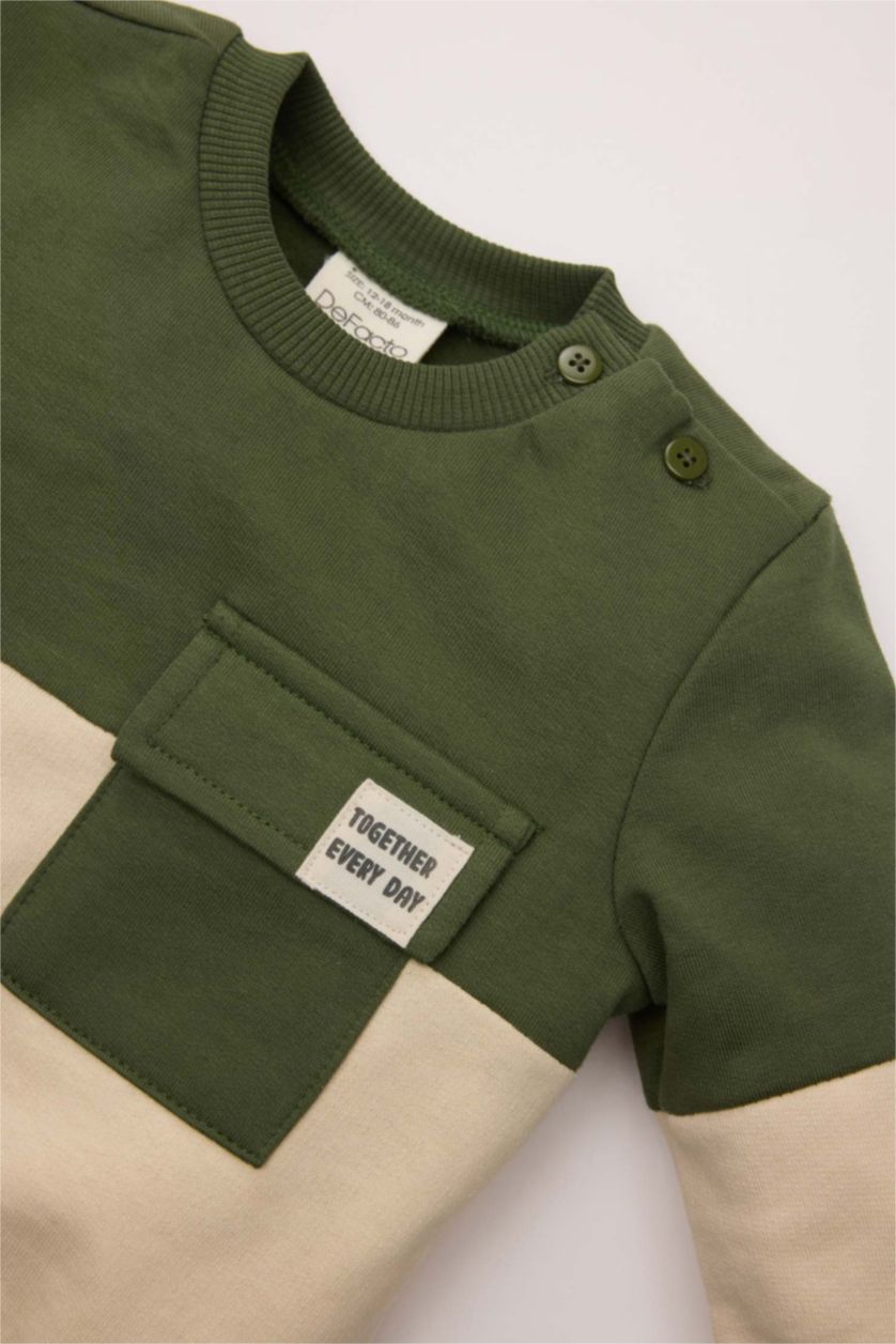 Erkek Bebek Haki Bisiklet Yaka Renk Bloklu İçi Yumuşak Tüylü Sweatshirt Erkek Bebek