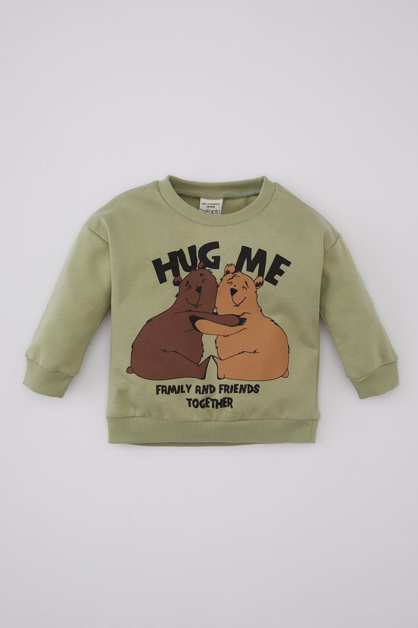 Erkek Bebek Açık Haki Erkek Bebek Bisiklet Yaka Hayvan Desenli İçi Yumuşak Tüyü İnce Sweatshirt