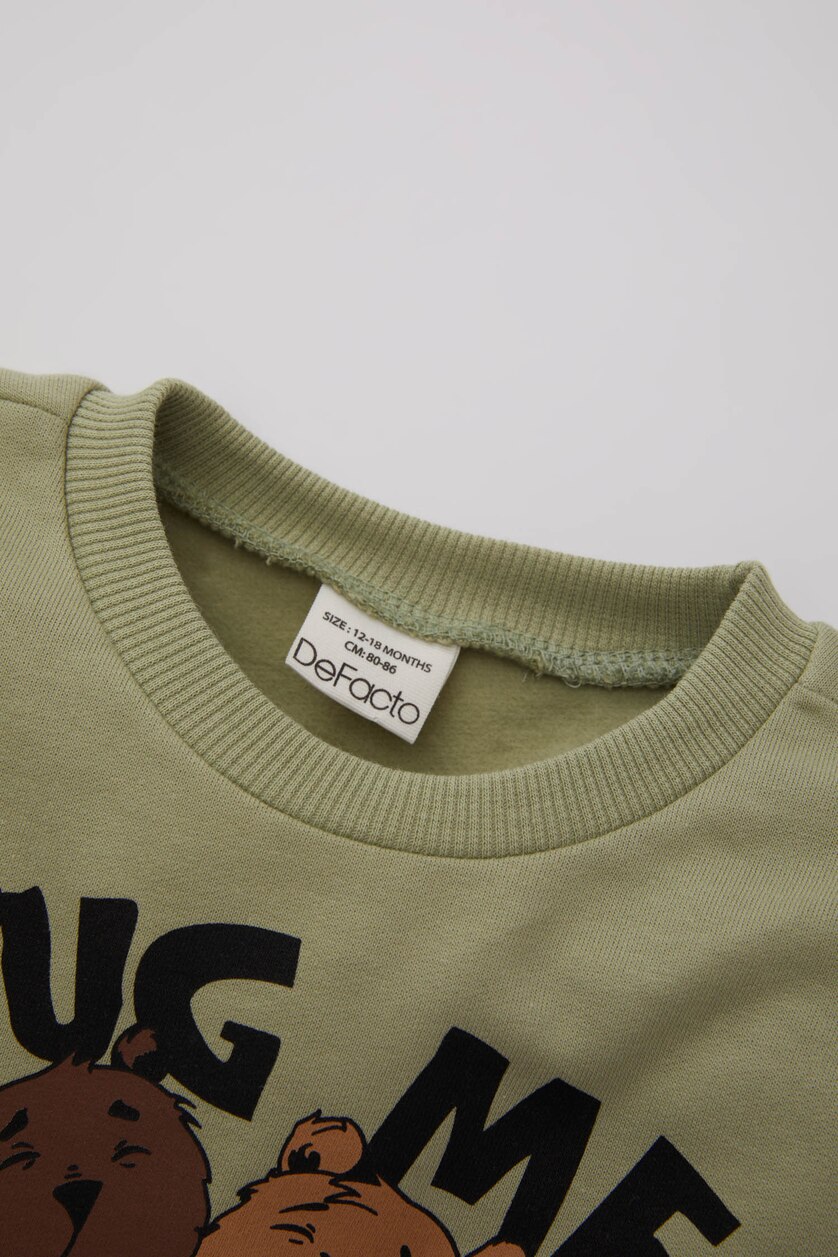 Erkek Bebek Açık Haki Erkek Bebek Bisiklet Yaka Hayvan Desenli İçi Yumuşak Tüyü İnce Sweatshirt