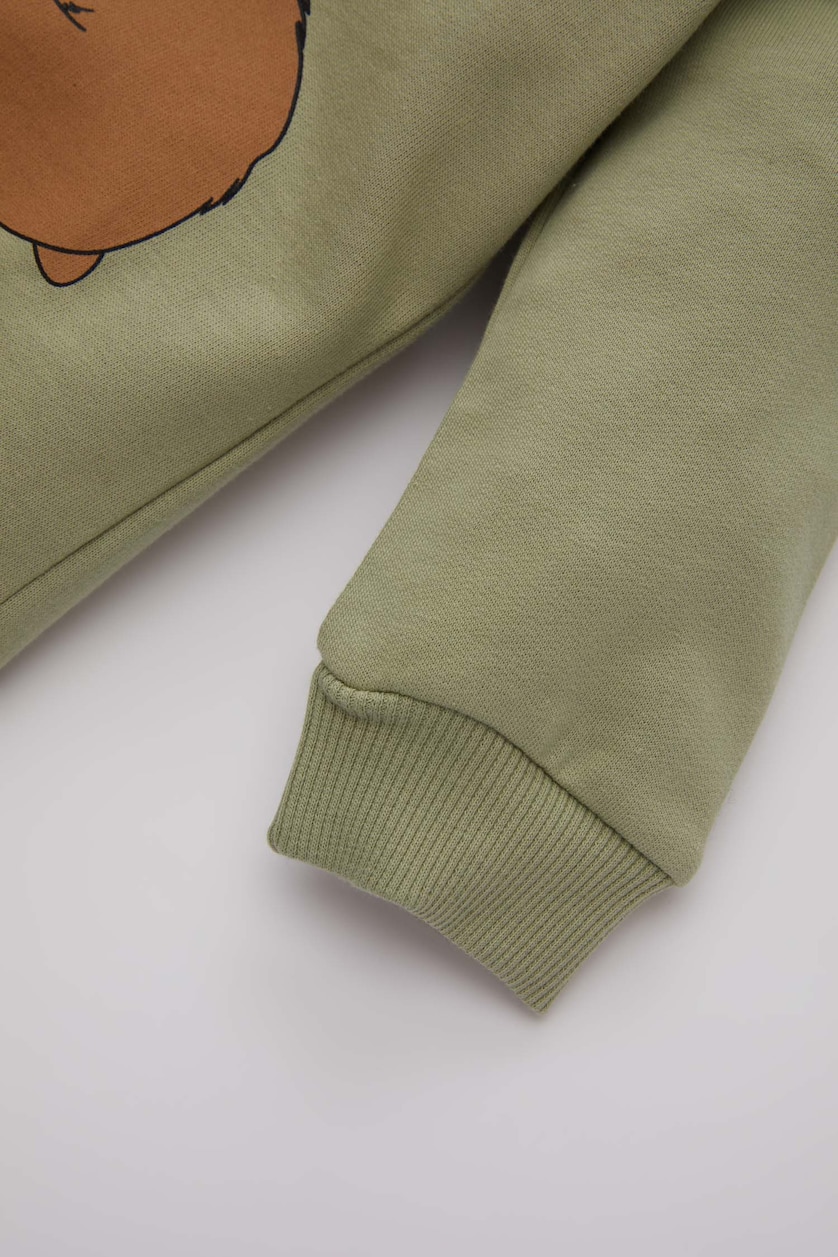 Erkek Bebek Açık Haki Erkek Bebek Bisiklet Yaka Hayvan Desenli İçi Yumuşak Tüyü İnce Sweatshirt