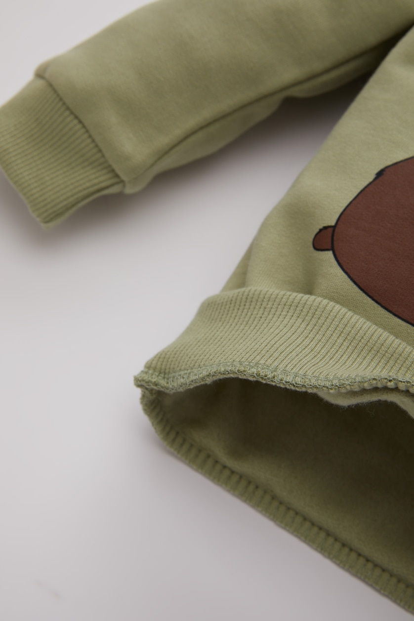 Erkek Bebek Açık Haki Erkek Bebek Bisiklet Yaka Hayvan Desenli İçi Yumuşak Tüyü İnce Sweatshirt