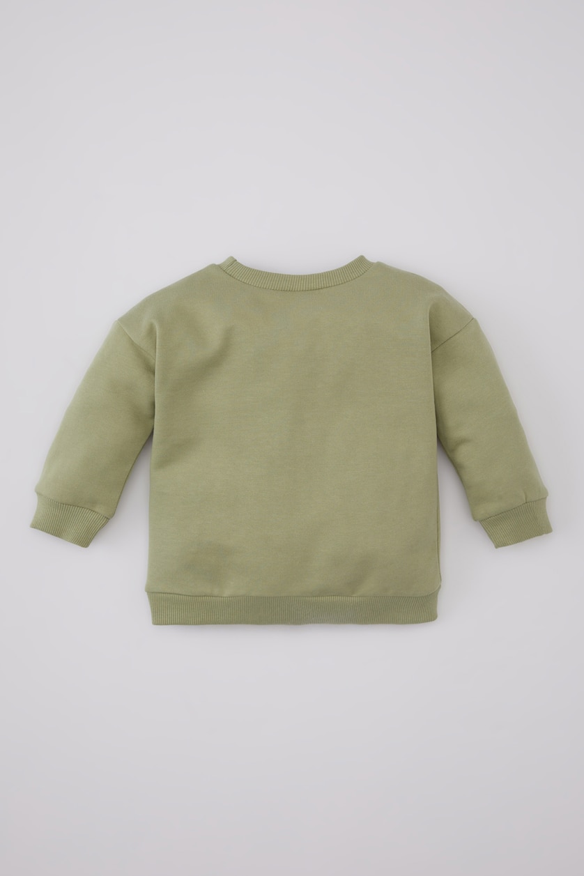 Erkek Bebek Açık Haki Erkek Bebek Bisiklet Yaka Hayvan Desenli İçi Yumuşak Tüyü İnce Sweatshirt