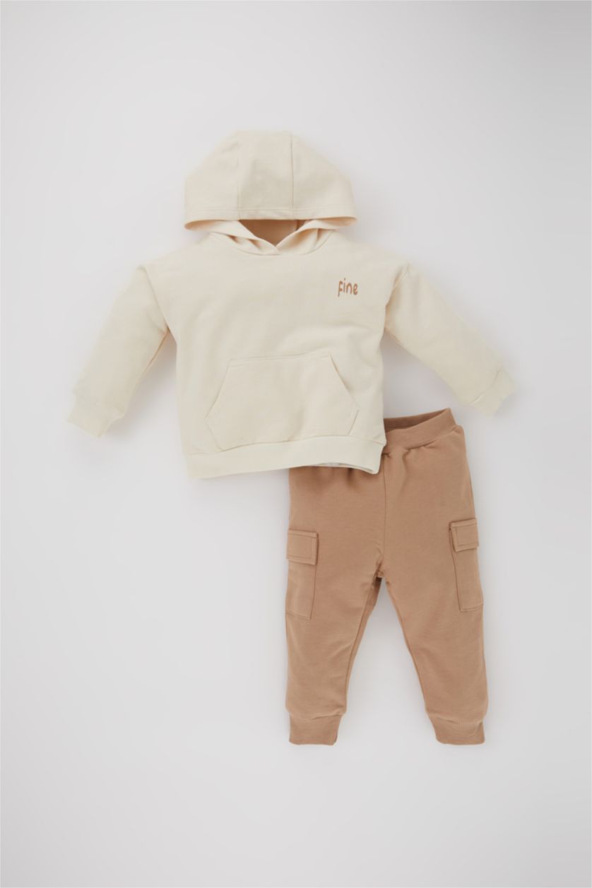 BABY BOY Beige 2 piece Regular Fit Hooded Slogan Set