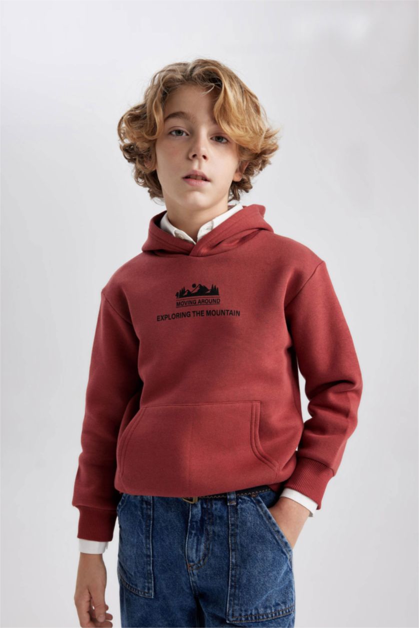 BOYS & TEENS Bordeaux Boy Hooded Printed Thick Sweatshirt