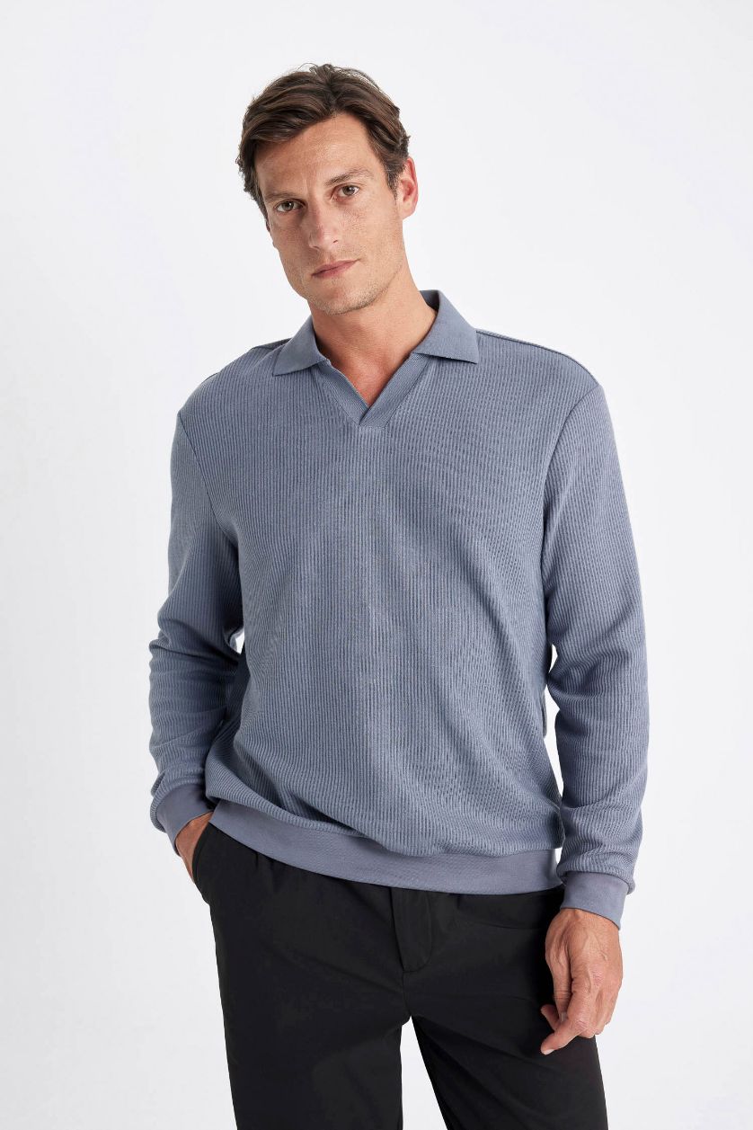 Erkek Mavi Mavi Regular Fit Polo Yaka Jakarlı Triko Sweatshirt