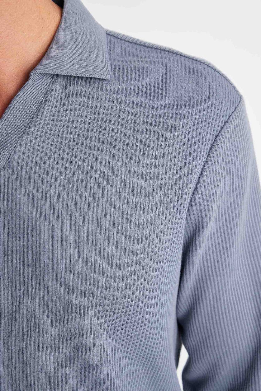 Erkek Mavi Mavi Regular Fit Polo Yaka Jakarlı Triko Sweatshirt