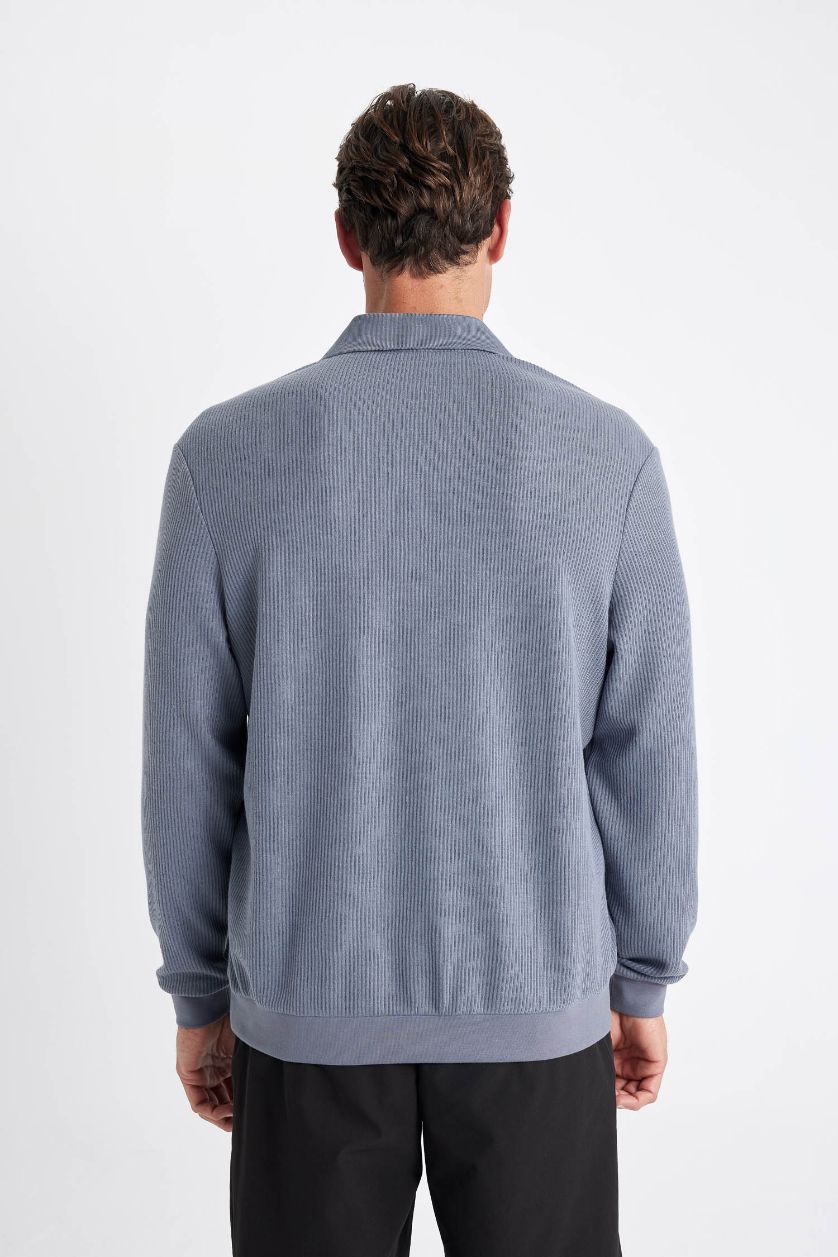 Erkek Mavi Mavi Regular Fit Polo Yaka Jakarlı Triko Sweatshirt