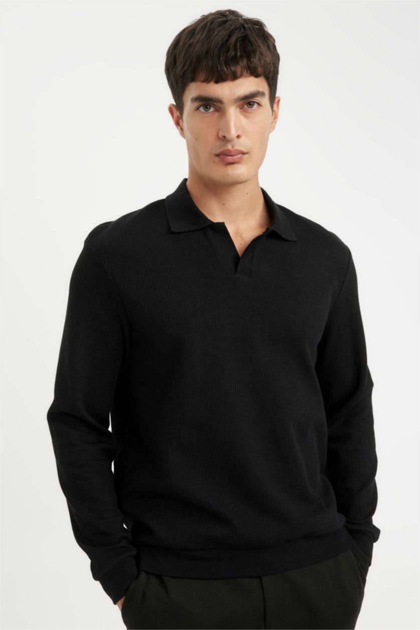 Erkek Siyah Siyah Regular Fit Polo Yaka Jakarlı Triko Sweatshirt