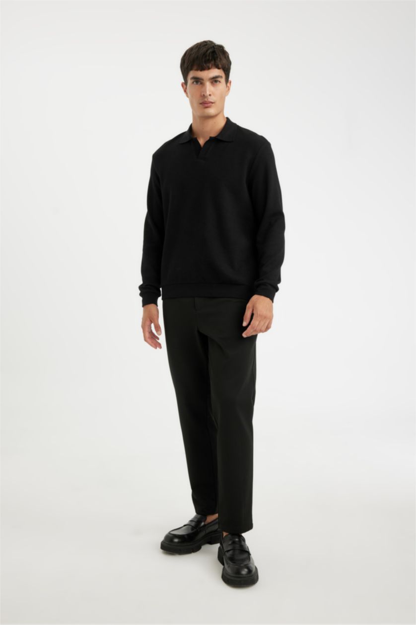 Erkek Siyah Siyah Regular Fit Polo Yaka Jakarlı Triko Sweatshirt