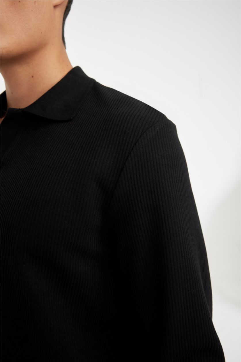 Erkek Siyah Siyah Regular Fit Polo Yaka Jakarlı Triko Sweatshirt