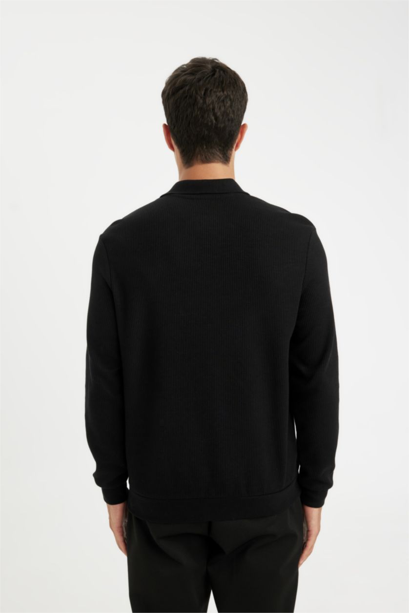 Erkek Siyah Siyah Regular Fit Polo Yaka Jakarlı Triko Sweatshirt