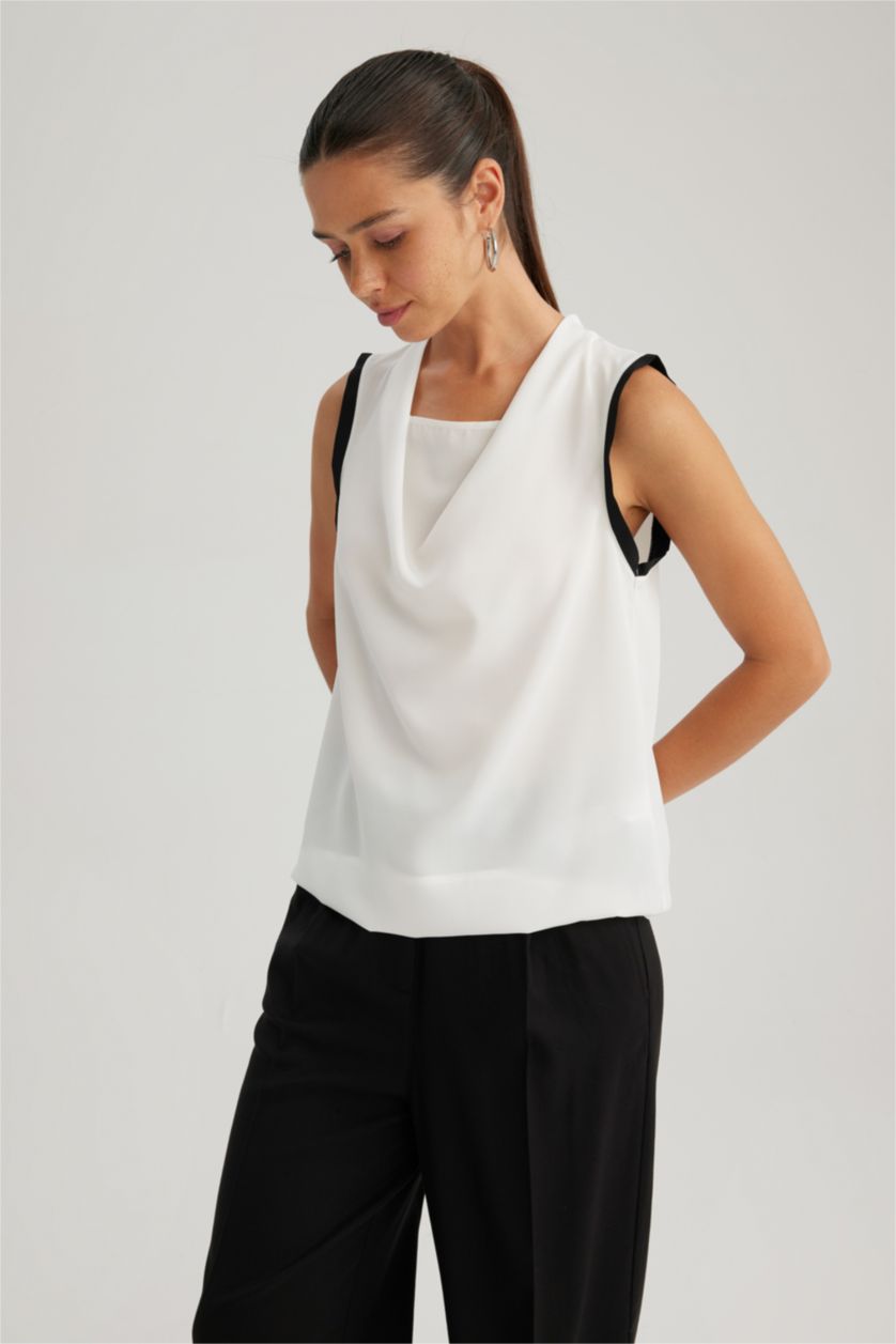 WOMAN White Slim Fit Degaje Neck Sleeveless Blouse