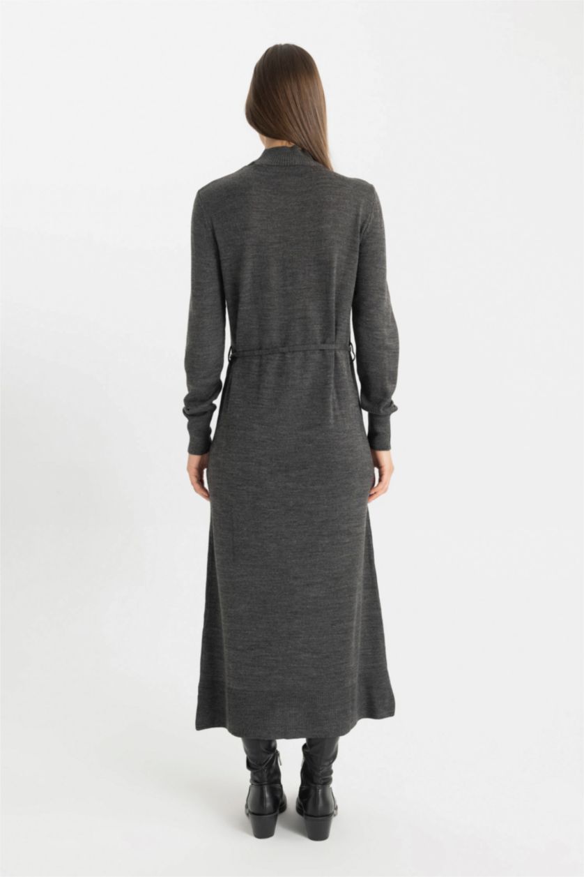 Kadın Antrasit Yarım Balıkçı Yaka Basıc Yırtmaçlı Maxi Triko Elbise