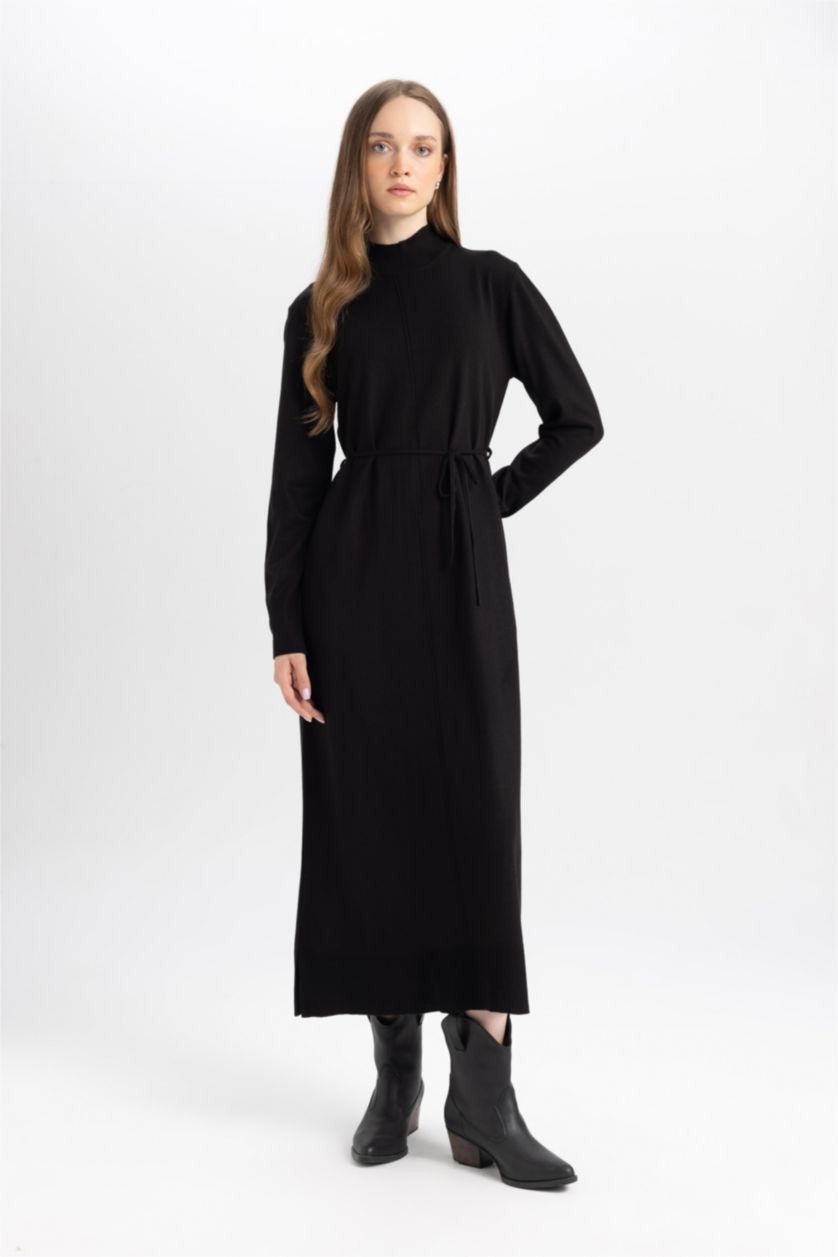 FEMME Noir Robe à Col montant mi-hauteur coupe Régulière