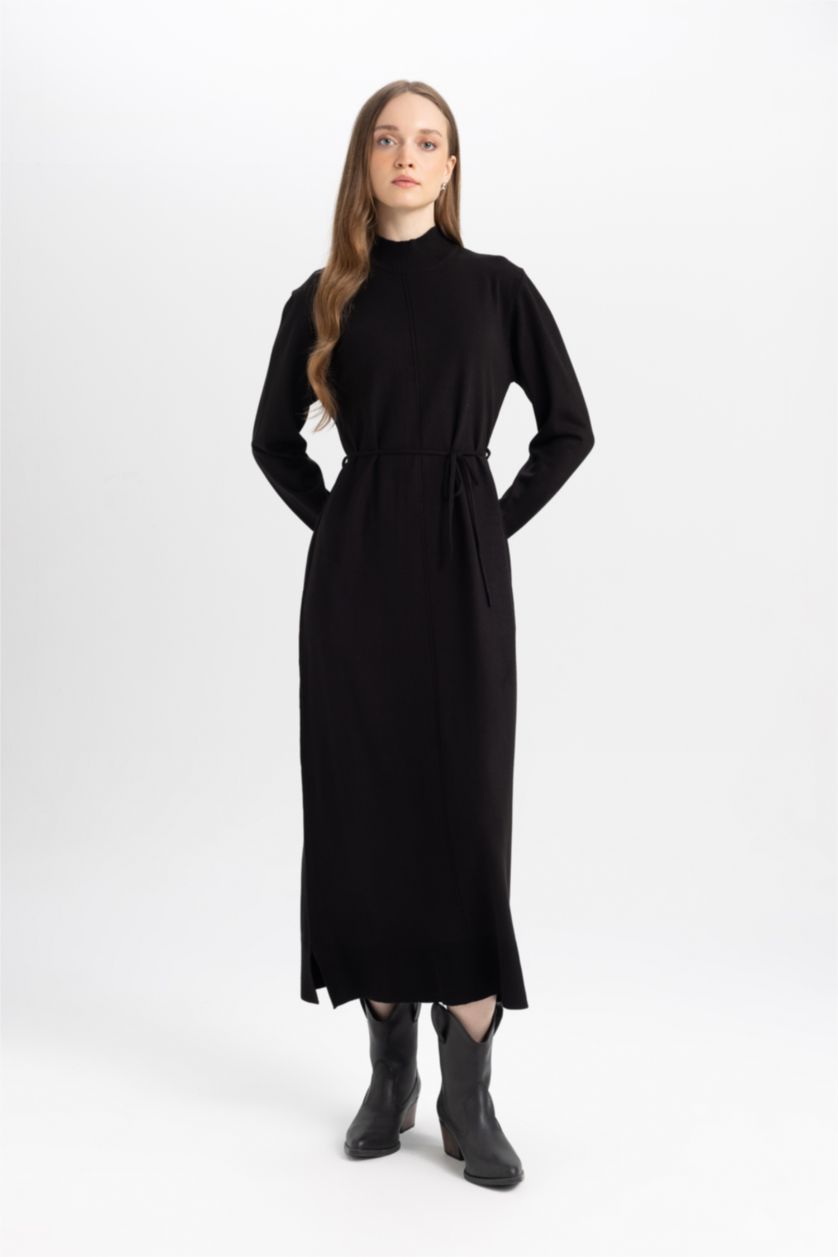 FEMME Noir Robe à Col montant mi-hauteur coupe Régulière