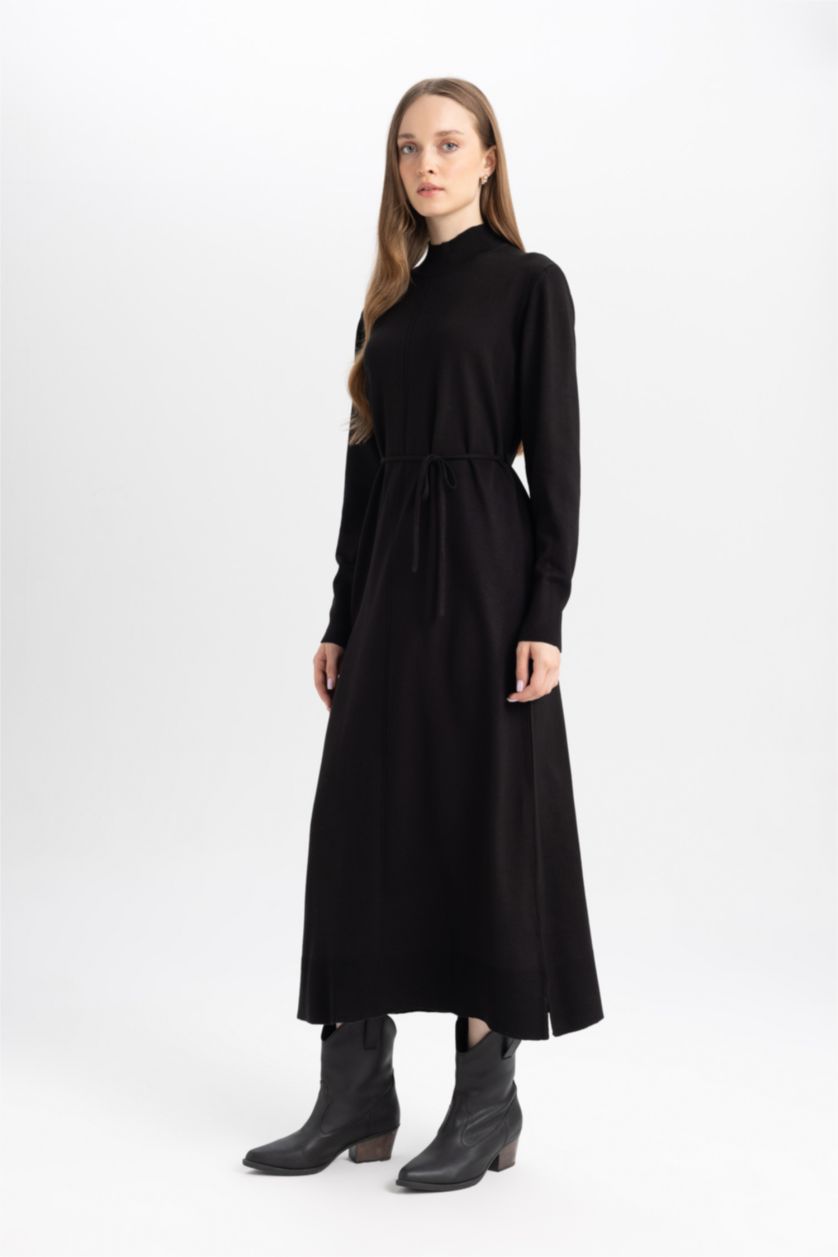 FEMME Noir Robe à Col montant mi-hauteur coupe Régulière