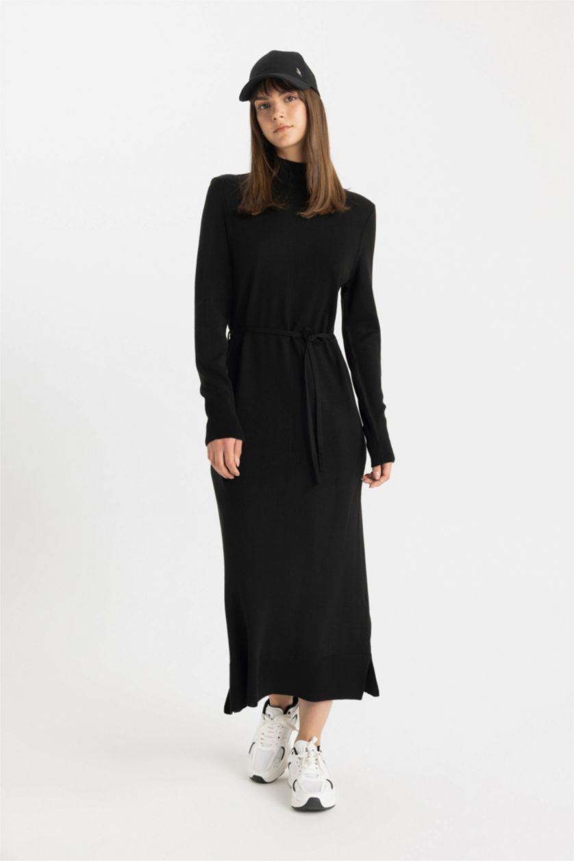 WOMAN Black Regular Fit Half Turtleneck Basic Long Sleeve Maxi Knit Dress