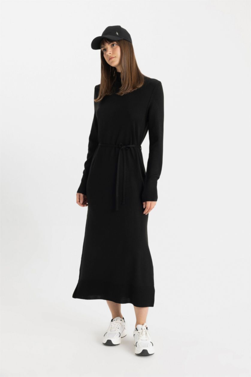 WOMAN Black Regular Fit Half Turtleneck Basic Long Sleeve Maxi Knit Dress
