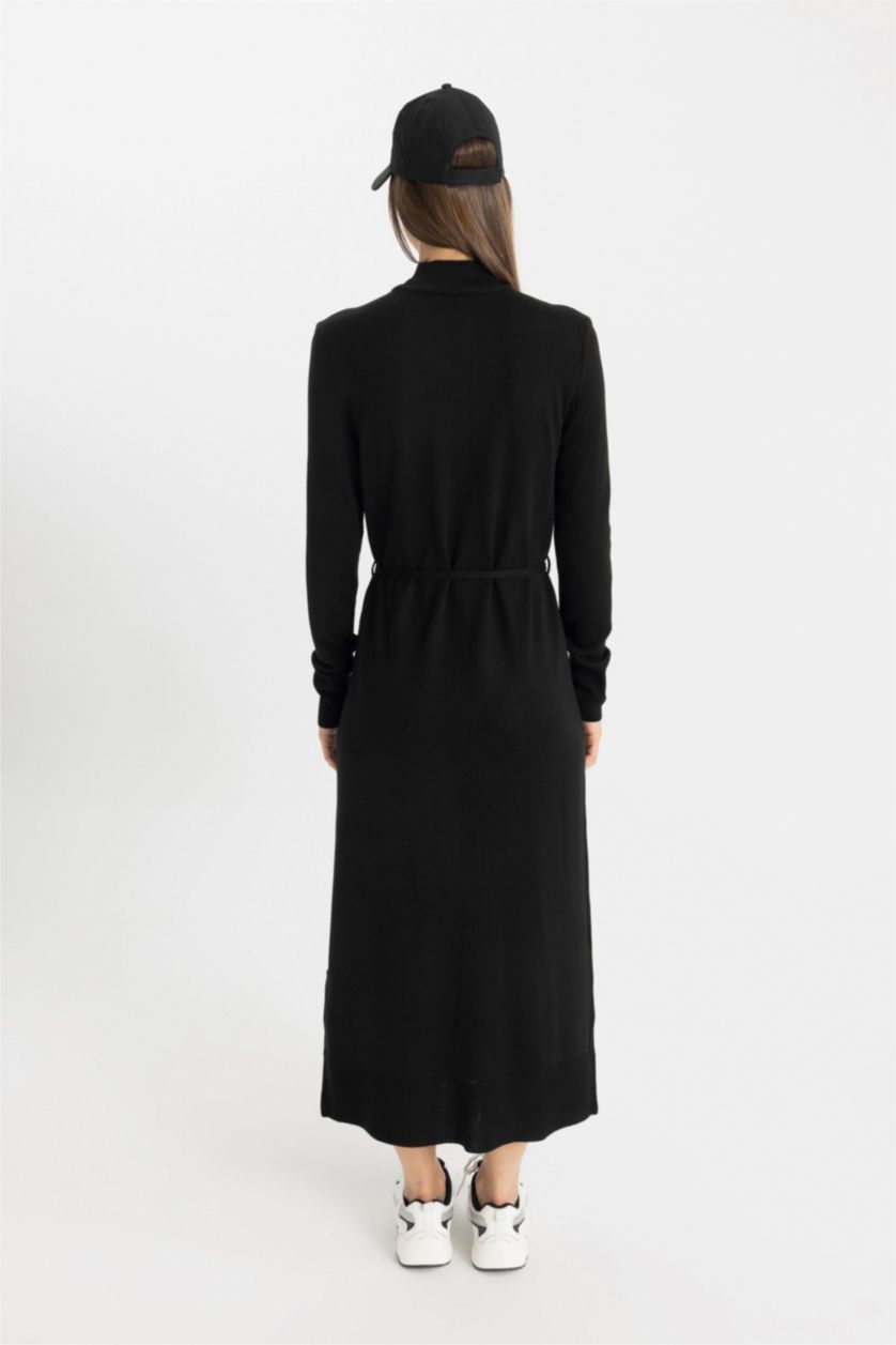 WOMAN Black Regular Fit Half Turtleneck Basic Long Sleeve Maxi Knit Dress