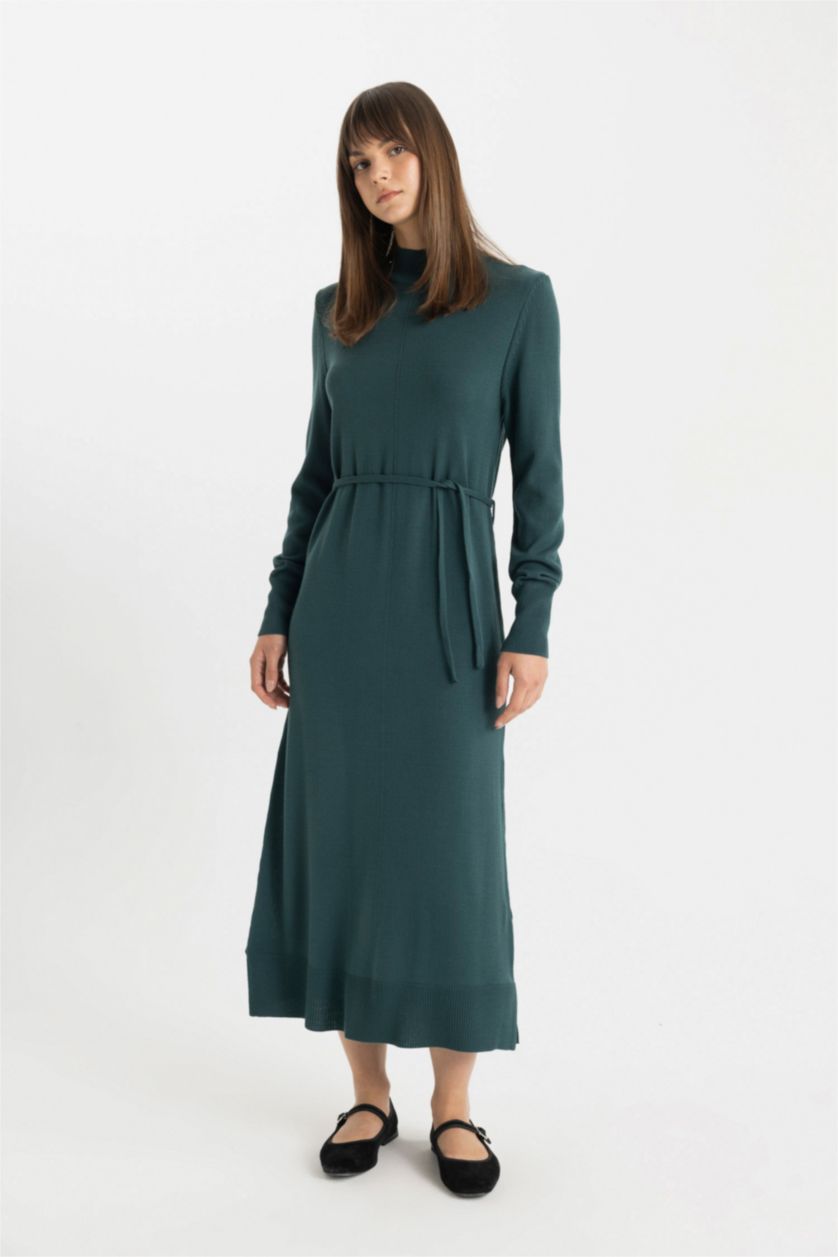 Kadın Yeşil Regular Fit Yarım Balıkçı Yaka Basic Düz Yırtmaçlı Uzun Kollu Maxi Triko Elbise