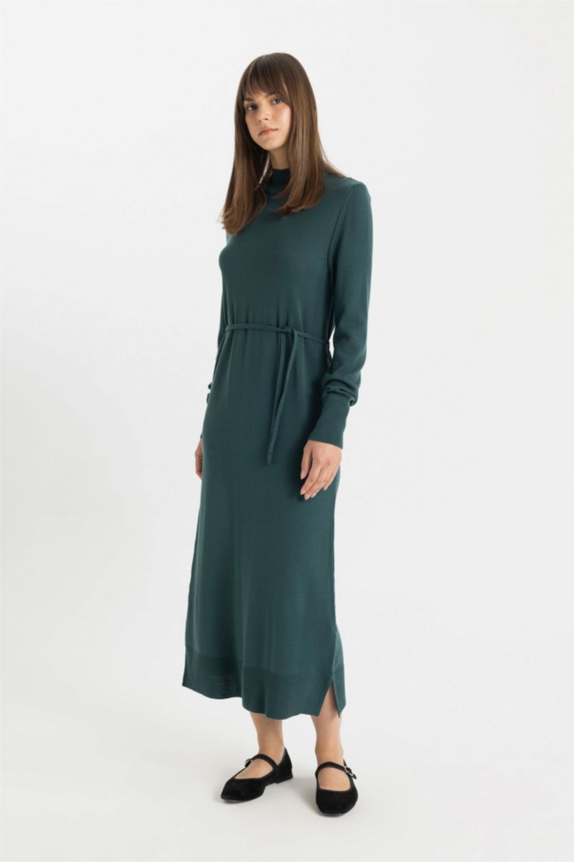 Kadın Yeşil Regular Fit Yarım Balıkçı Yaka Basic Düz Yırtmaçlı Uzun Kollu Maxi Triko Elbise