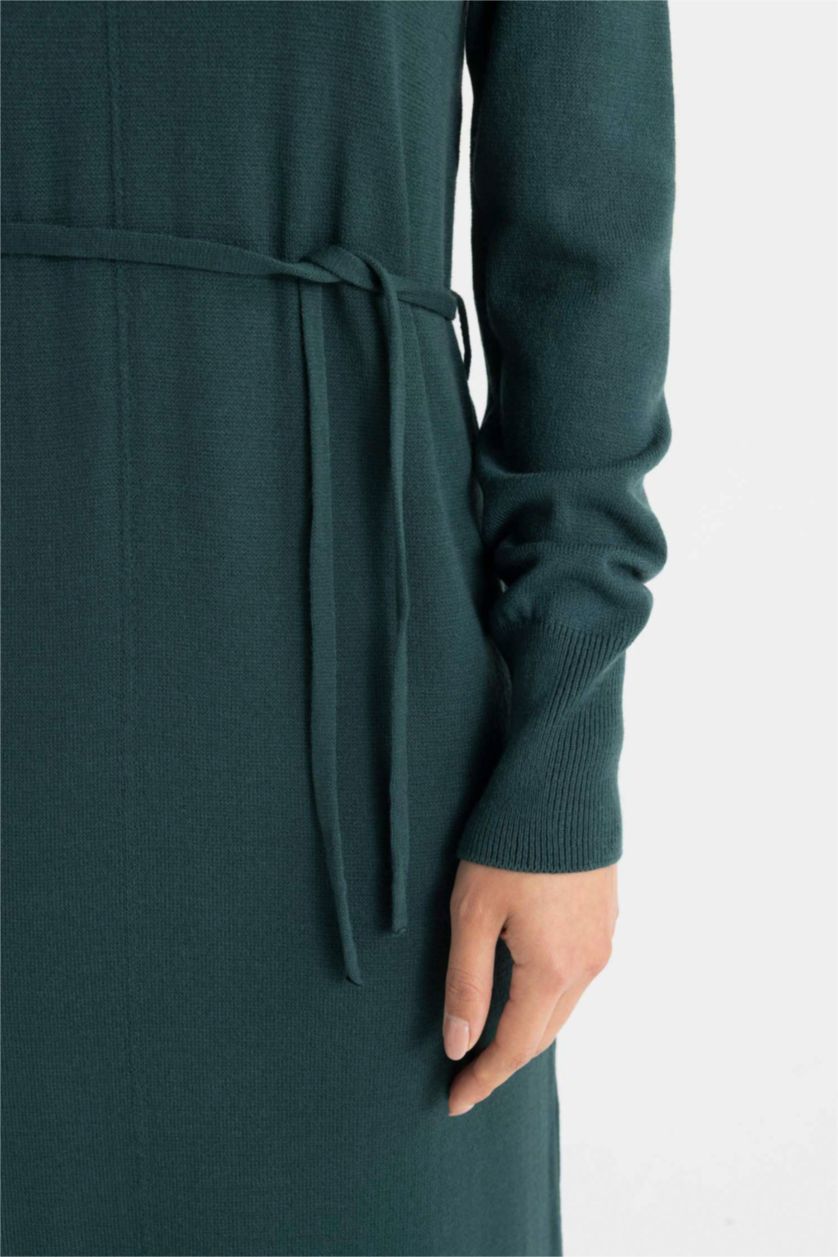 Kadın Yeşil Regular Fit Yarım Balıkçı Yaka Basic Düz Yırtmaçlı Uzun Kollu Maxi Triko Elbise