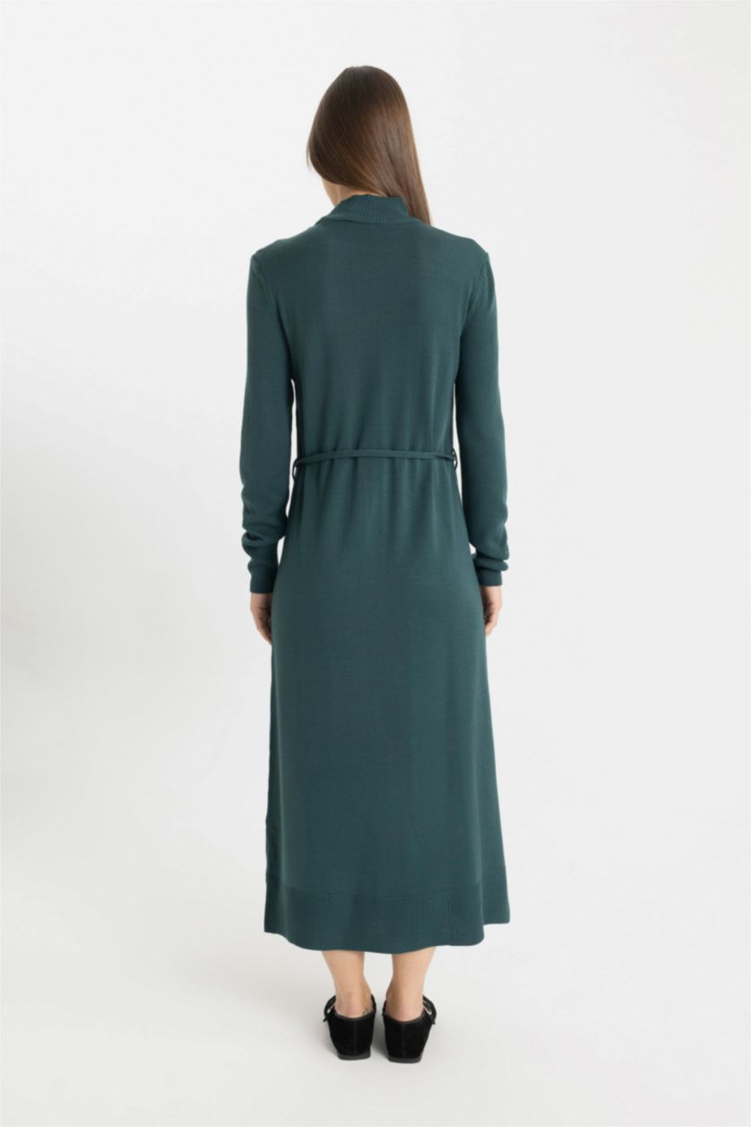 Kadın Yeşil Regular Fit Yarım Balıkçı Yaka Basic Düz Yırtmaçlı Uzun Kollu Maxi Triko Elbise