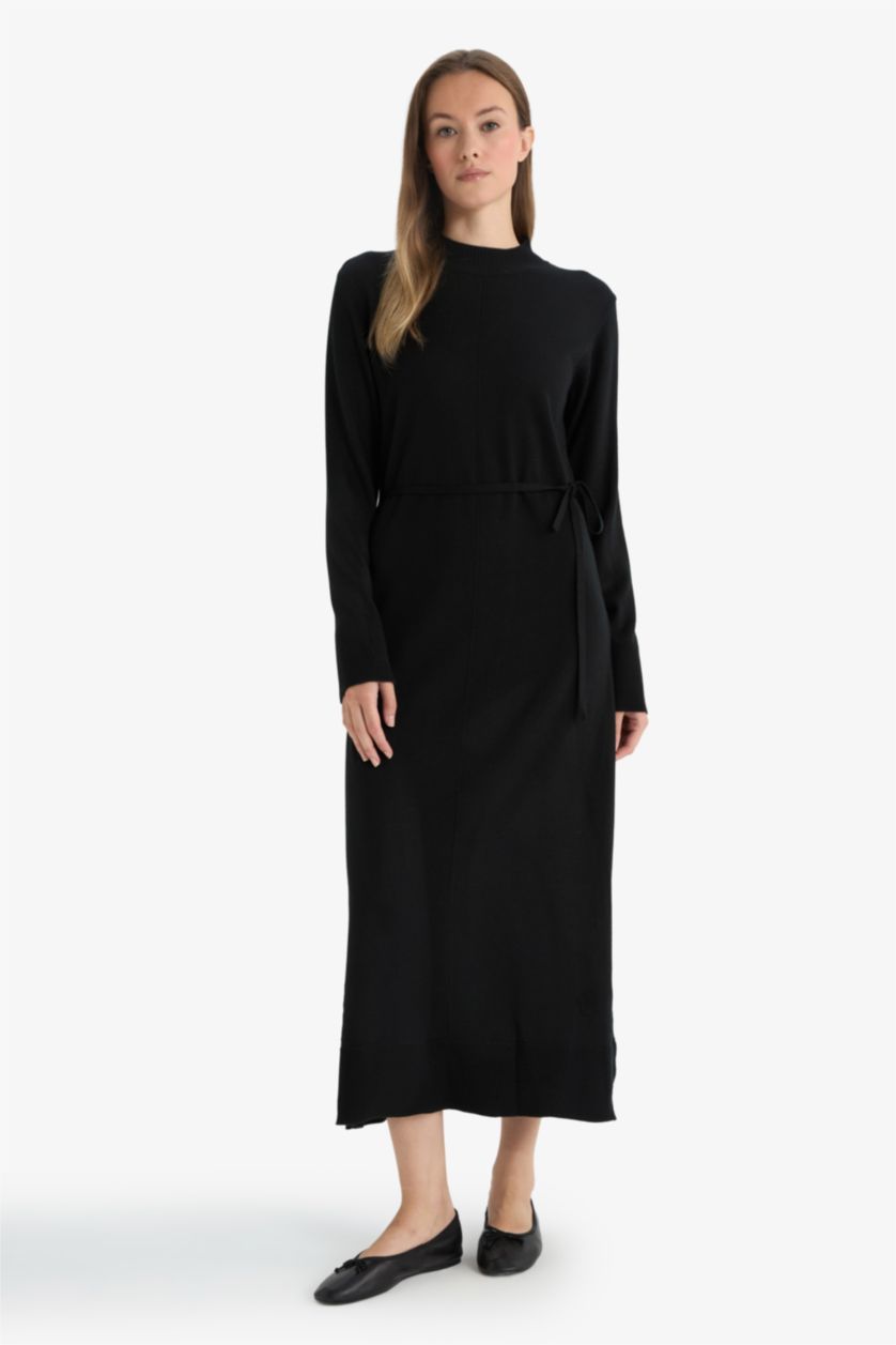 Kadın Siyah Regular Fıt Yarım Balıkçı Yaka Elbise