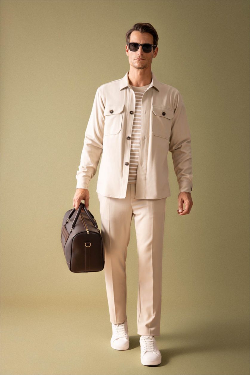 MAN Beige Regular Fit Polo Neck Long Sleeve Shirt Jacket