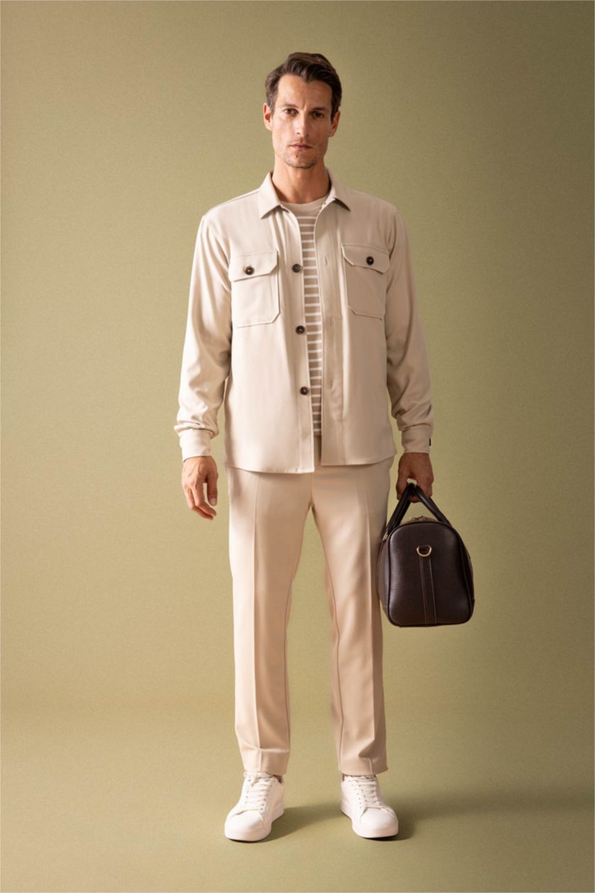 MAN Beige Regular Fit Polo Neck Long Sleeve Shirt Jacket