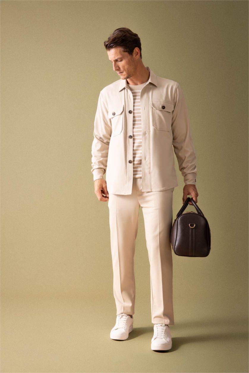 MAN Beige Regular Fit Polo Neck Long Sleeve Shirt Jacket