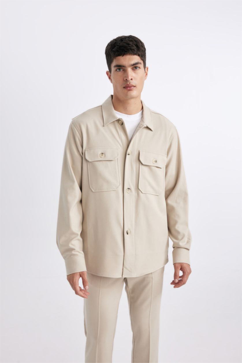 MAN Beige Regular Fit Polo Neck Long Sleeve Shirt Jacket