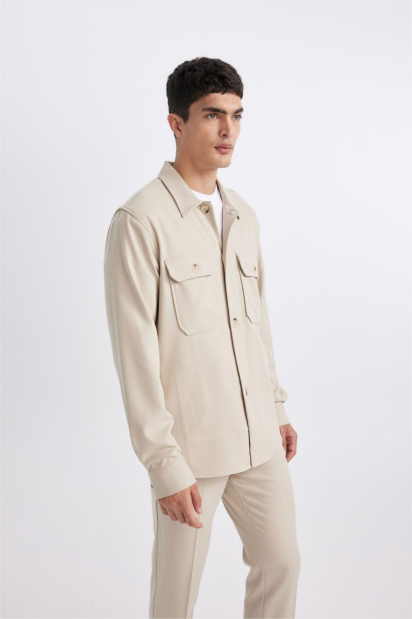 MAN Beige Regular Fit Polo Neck Long Sleeve Shirt Jacket