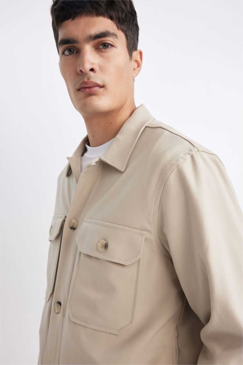 MAN Beige Regular Fit Polo Neck Long Sleeve Shirt Jacket