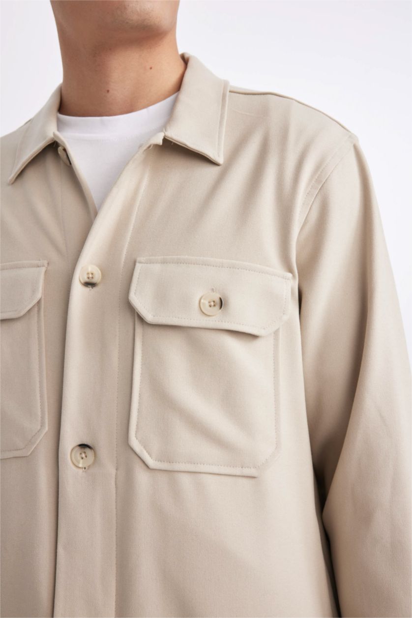 MAN Beige Regular Fit Polo Neck Long Sleeve Shirt Jacket