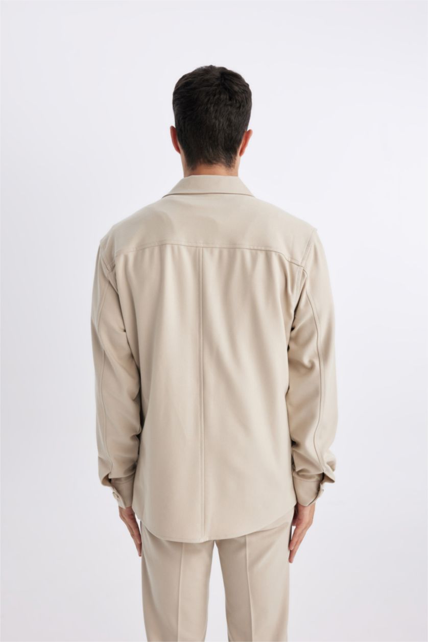MAN Beige Regular Fit Polo Neck Long Sleeve Shirt Jacket