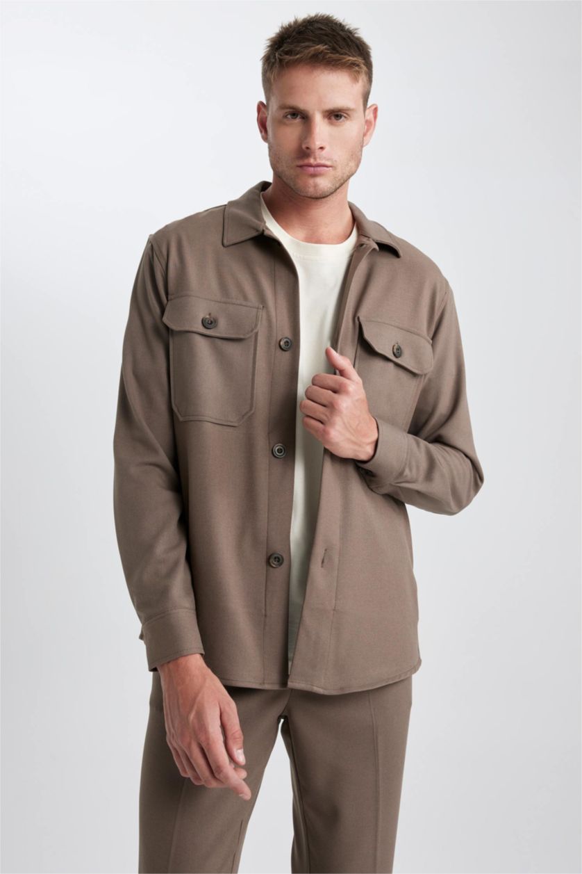 رجالي رمادي داكن جاكيت قميصي كم طويل قصة عادية
