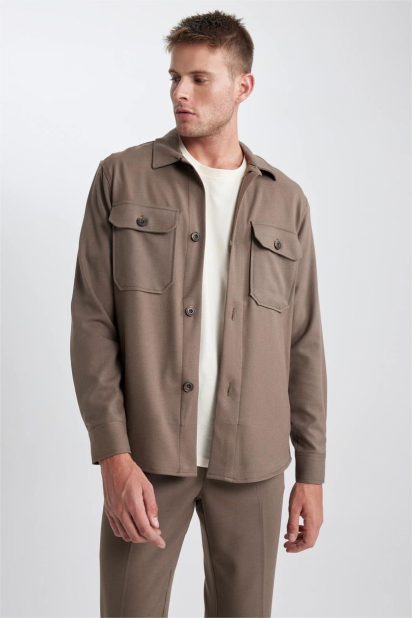 رجالي رمادي داكن جاكيت قميصي كم طويل قصة عادية