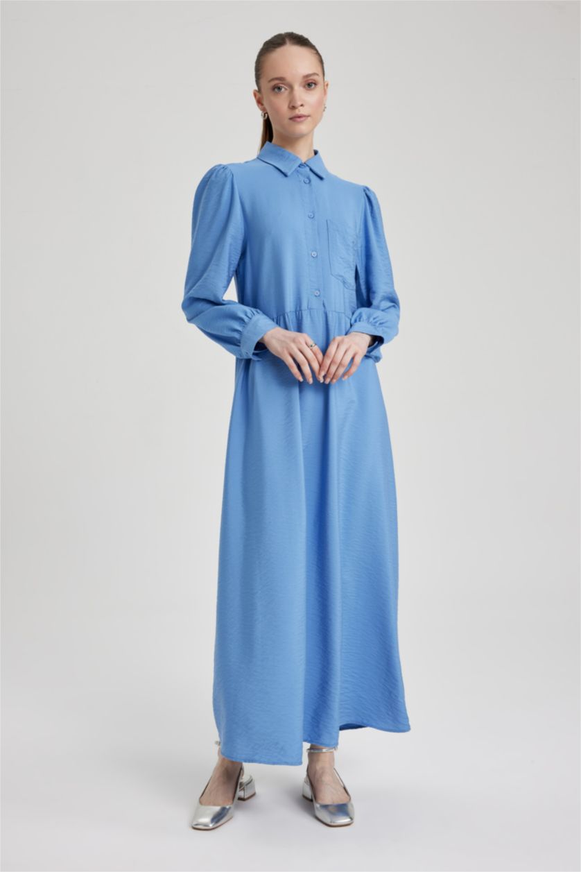 Kadın Açık Royal Gömlek Yaka Uzun Kollu Maxi Elbise