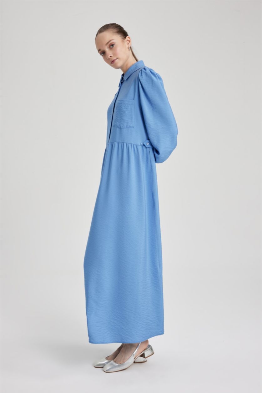 Kadın Açık Royal Gömlek Yaka Uzun Kollu Maxi Elbise