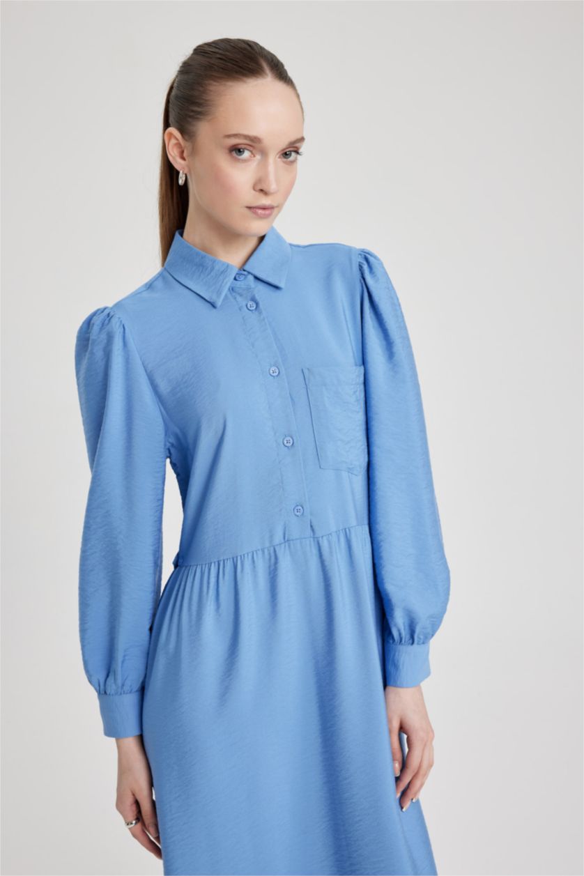 Kadın Açık Royal Gömlek Yaka Uzun Kollu Maxi Elbise