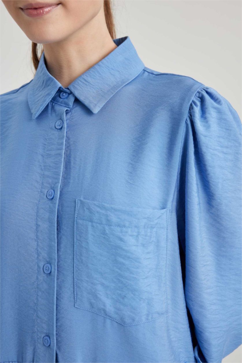 Kadın Açık Royal Gömlek Yaka Uzun Kollu Maxi Elbise