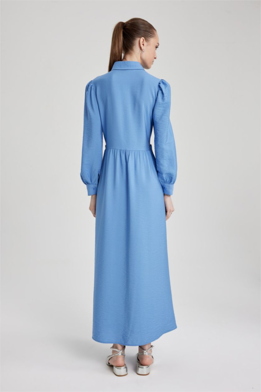 Kadın Açık Royal Gömlek Yaka Uzun Kollu Maxi Elbise