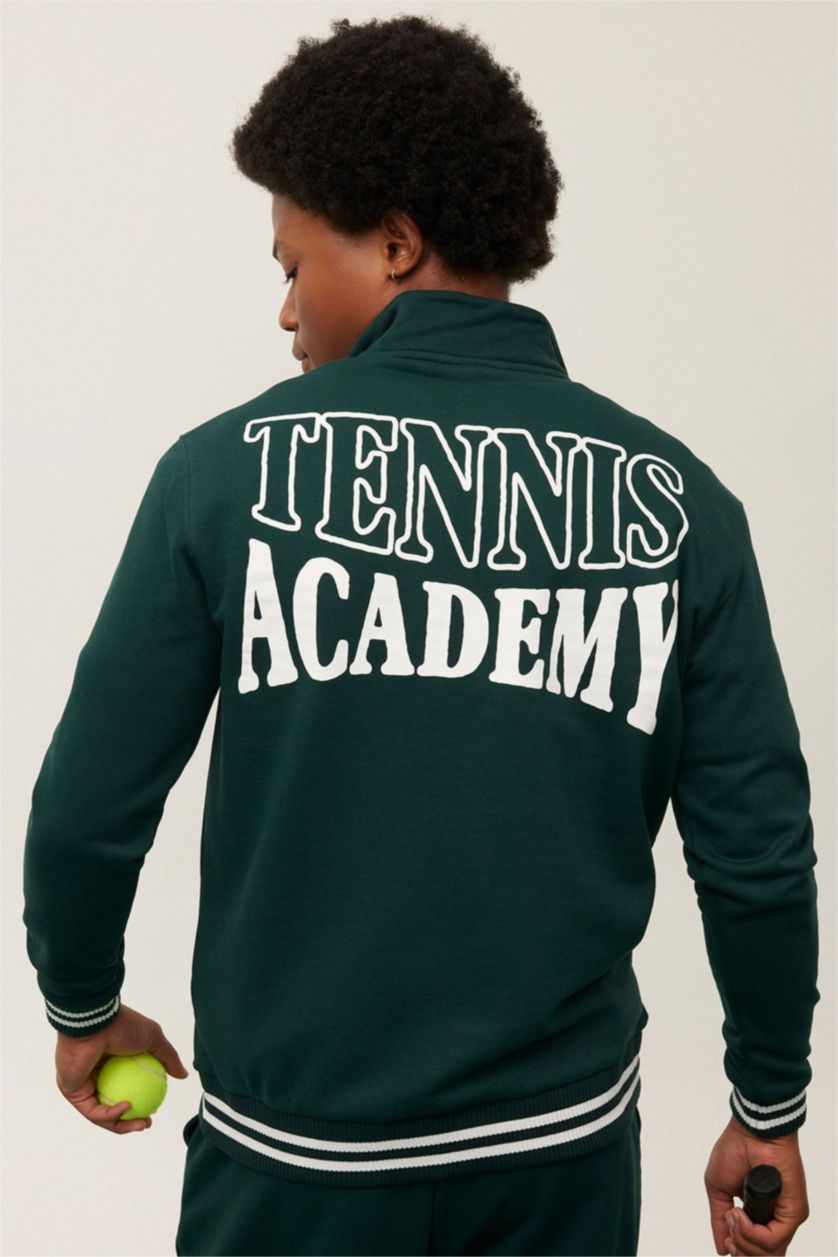 Erkek Koyu Yeşil Standart Fit Dik Yaka Yarım Fermuarlı Baskılı Sporcu Sweatshirt