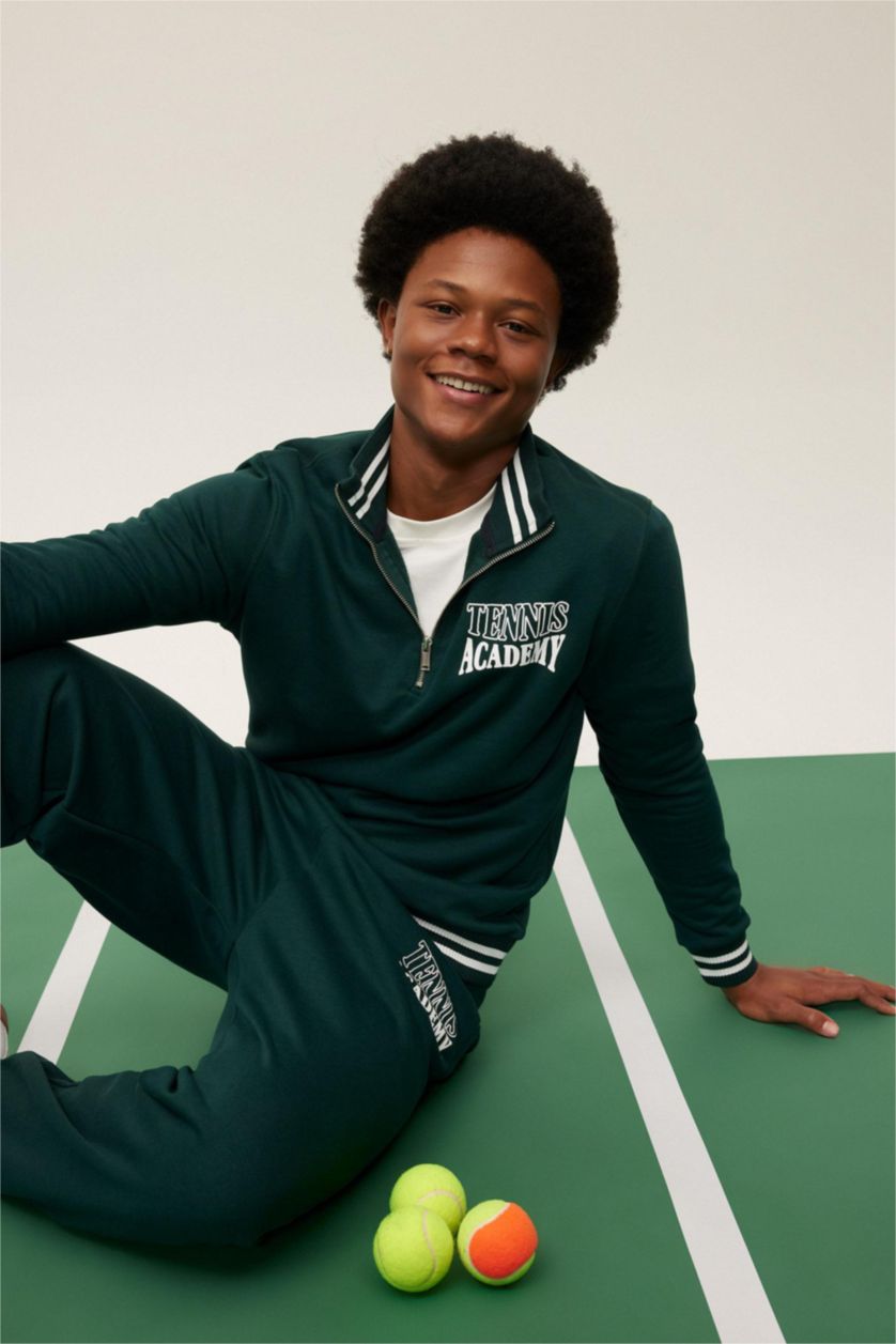 Erkek Koyu Yeşil Standart Fit Dik Yaka Yarım Fermuarlı Baskılı Sporcu Sweatshirt