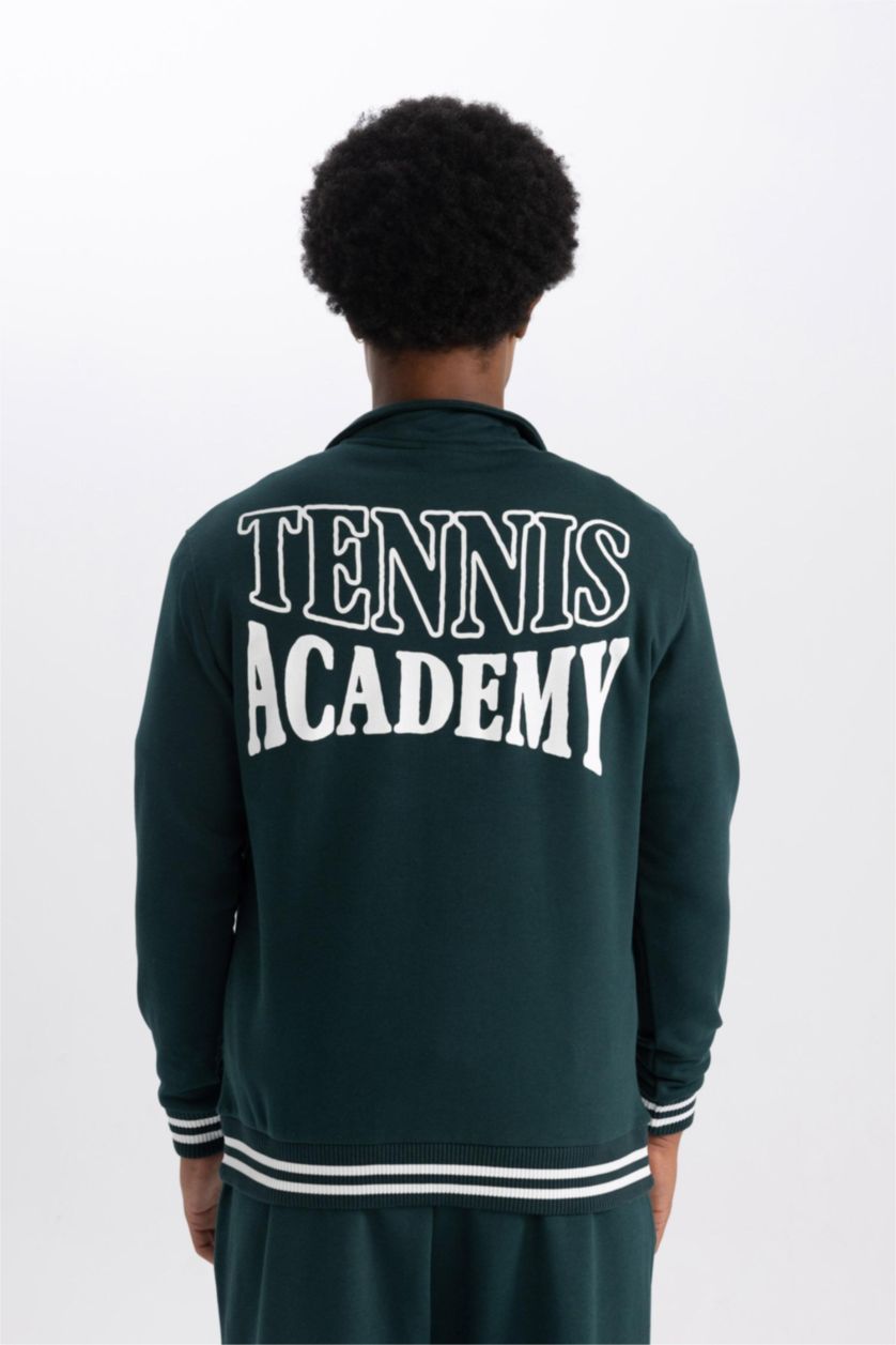 Erkek Koyu Yeşil Standart Fit Dik Yaka Yarım Fermuarlı Baskılı Sporcu Sweatshirt